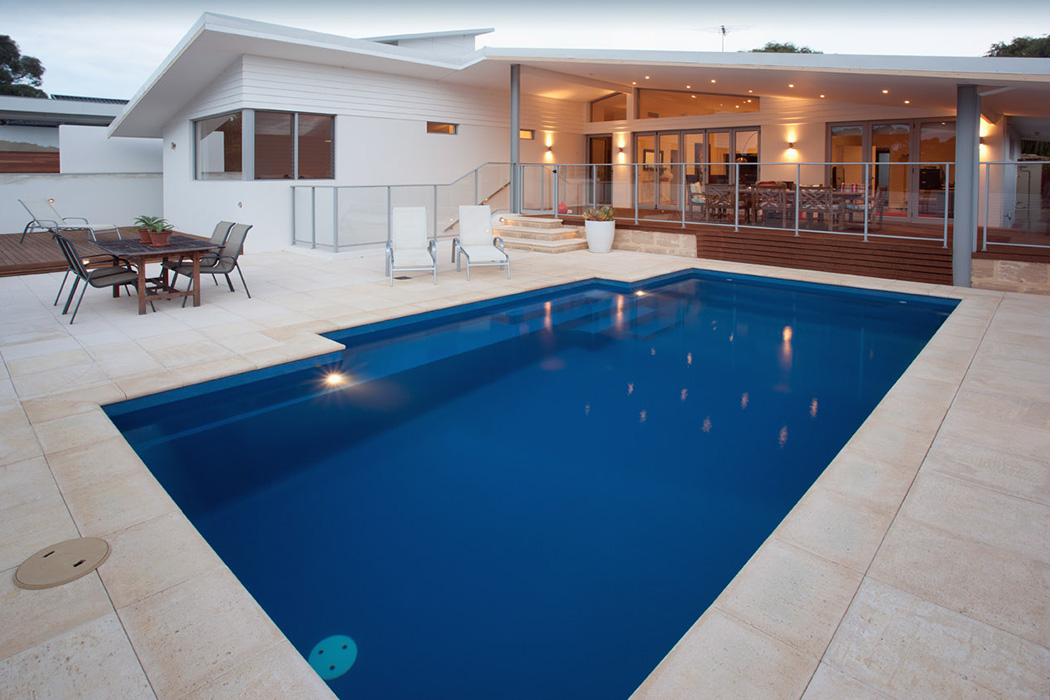 Elegance 8m fibreglass swimming pool in Sapphire Blue