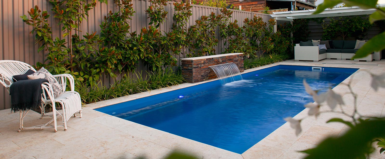 Harmony 8m fibreglass swimming pool in Sapphire Blue