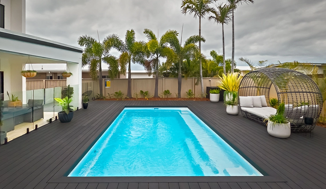 The Leisure Pools Reflection 7 fibreglass pool in Shimmer White colour
