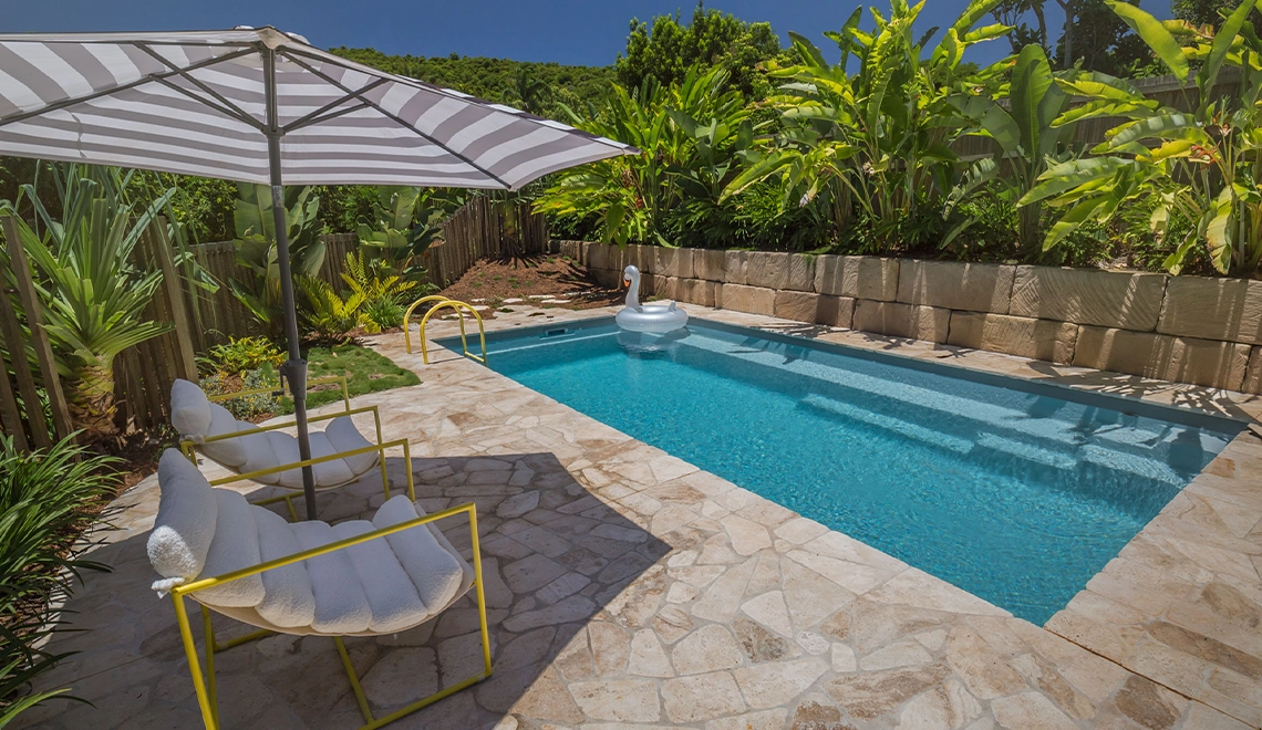The Leisure Pools Reflection rectangular fibreglass pool in Silver Grey colour